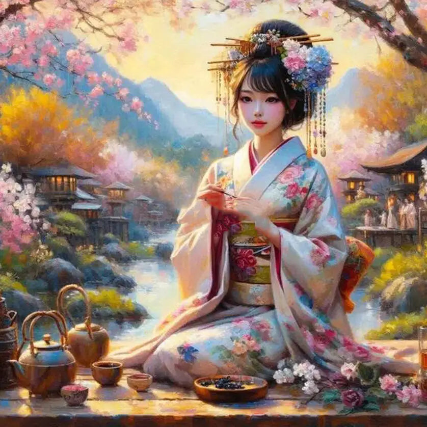 HUACAN Japanese Women, Cherry Blossom Flower, DIY Diamond Painting 5d Portrait Full Square / Round Drill