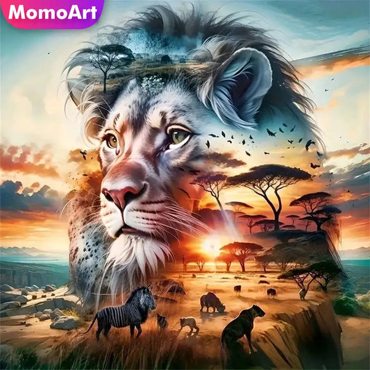 Momoart Diamond Mosaic Lion In Sunset Painting, DIY Full Square / Round Drills