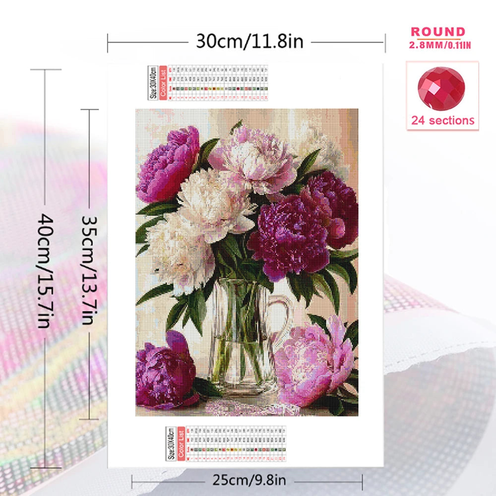 Momoart DIY Full Square / Round Diamond Painting Peony Flower Vase
