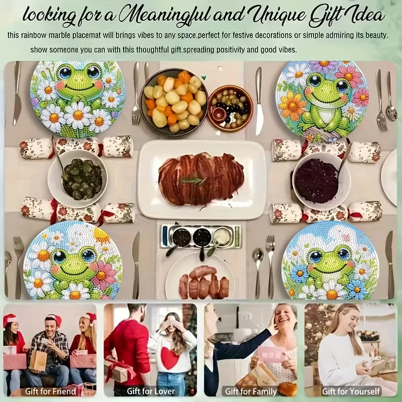 4-Piece Frog Patterned Wooden Diamond Dining Mat Set, DIY Crystal Diamond Art Insulated Table Mat Round Drill