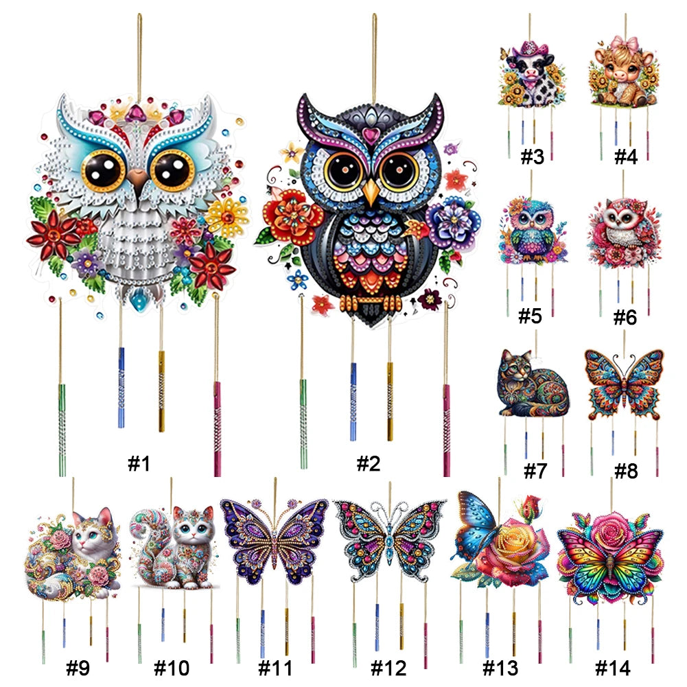 Double Sided Special Shaped Cute Animal Diamond Painting Hanging Wind Chime ,DIY 5D Crystal Rhinestone Wind Bell Kits Home Decor