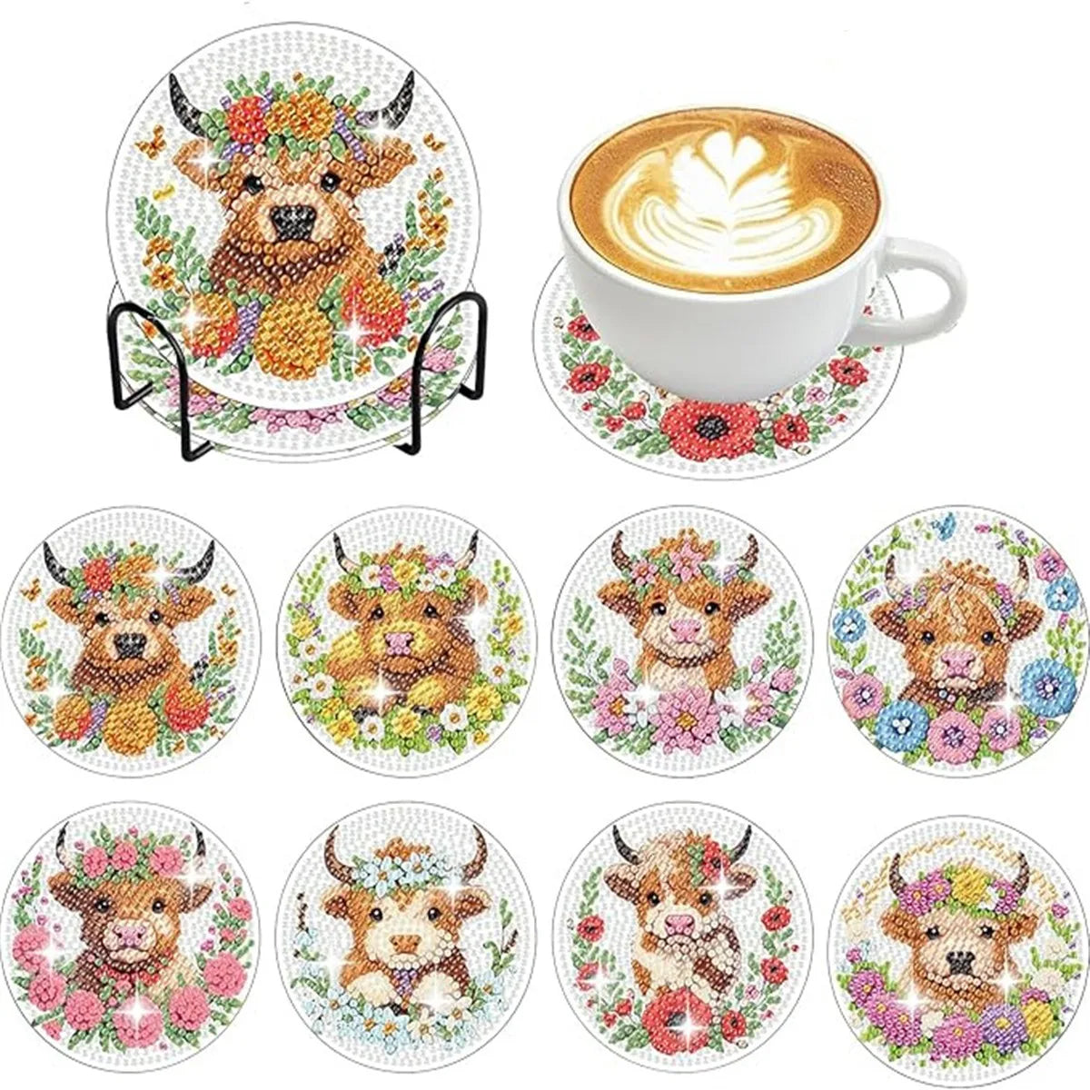 DIY 8 pcs / Set Of Coffee Patterned Diamond Painted Coaster Set, Sparkling Rhinestone Heat-Resistant Beverage Mat With Holder DIY