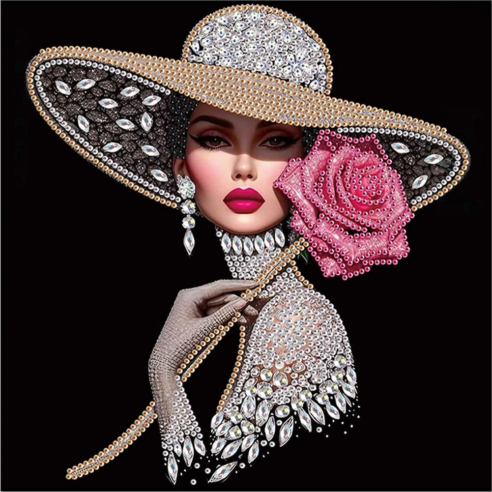 5D DIY Partial Special Shaped Drill Diamond Painting Kit, Girl In Hat Decoration 30x30cm