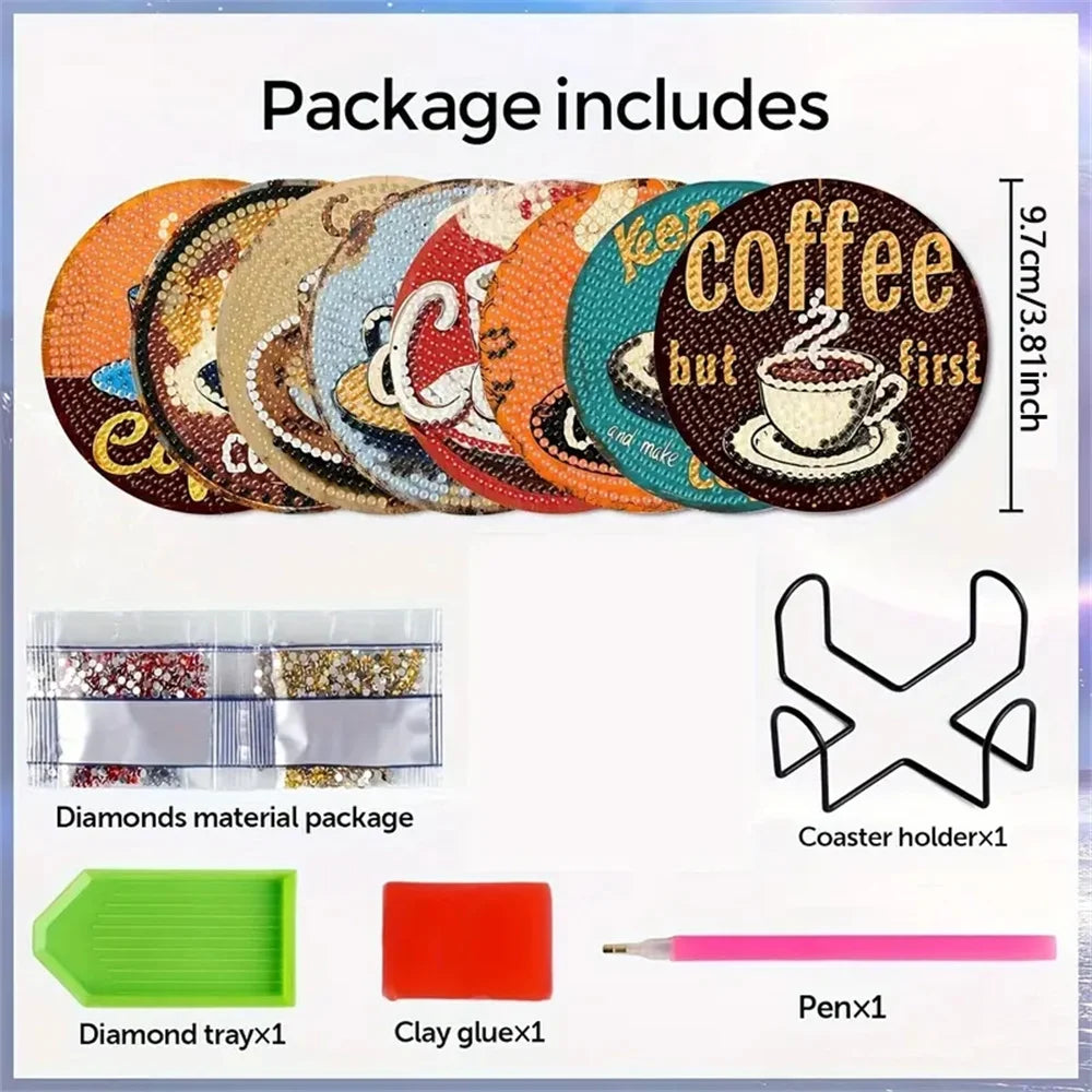 DIY 8 pcs / Set Of Coffee Patterned Diamond Painted Coaster Set, Sparkling Rhinestone Heat-Resistant Beverage Mat With Holder DIY