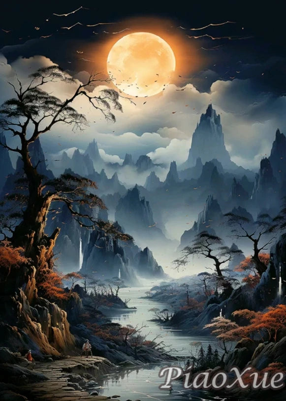 Chinese Style Landscape Picture Diamond Painting New Mountain Waterfall Scenery, Diamond Painting Mosaic DIY Cross Home Decor
