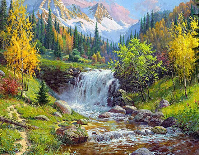 5D DIY Diamond Painting Waterfall Beach Full Circle Diamond Mosaic Sunset Scenery Diamond Embroidery Home Decor Gift