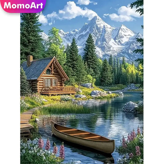 Momoart Diamond Painting Boat, Mountain House, Landscape DIY Full Square / Round Drill