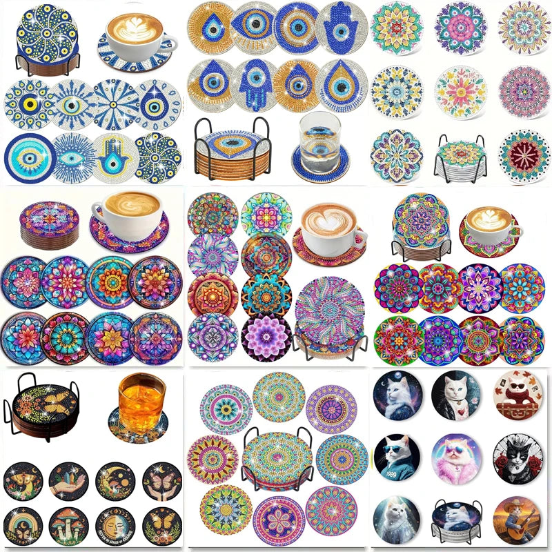 8 Pieces Of Diamond Art Painting Coasters With Brackets, DIY Partial Special Shapes