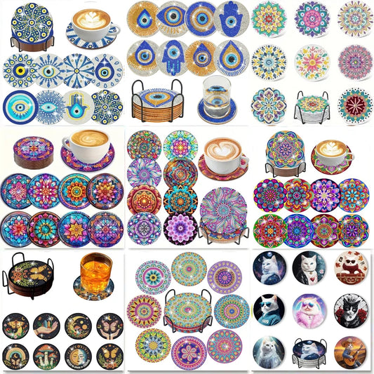 8 Pieces Of Diamond Art Painting Coasters With Brackets, DIY Partial Special Shapes