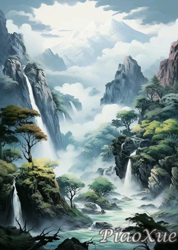 Chinese Style Landscape Picture Diamond Painting New Mountain Waterfall Scenery, Diamond Painting Mosaic DIY Cross Home Decor