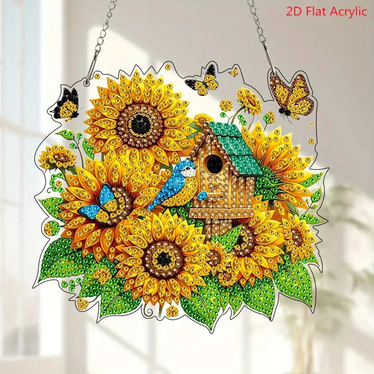2D Flat, Vibrant Sunflower, Butterfly And Birdhouse Diamond Art Set - Unique Shaped Acrylic Gemstone Decoration