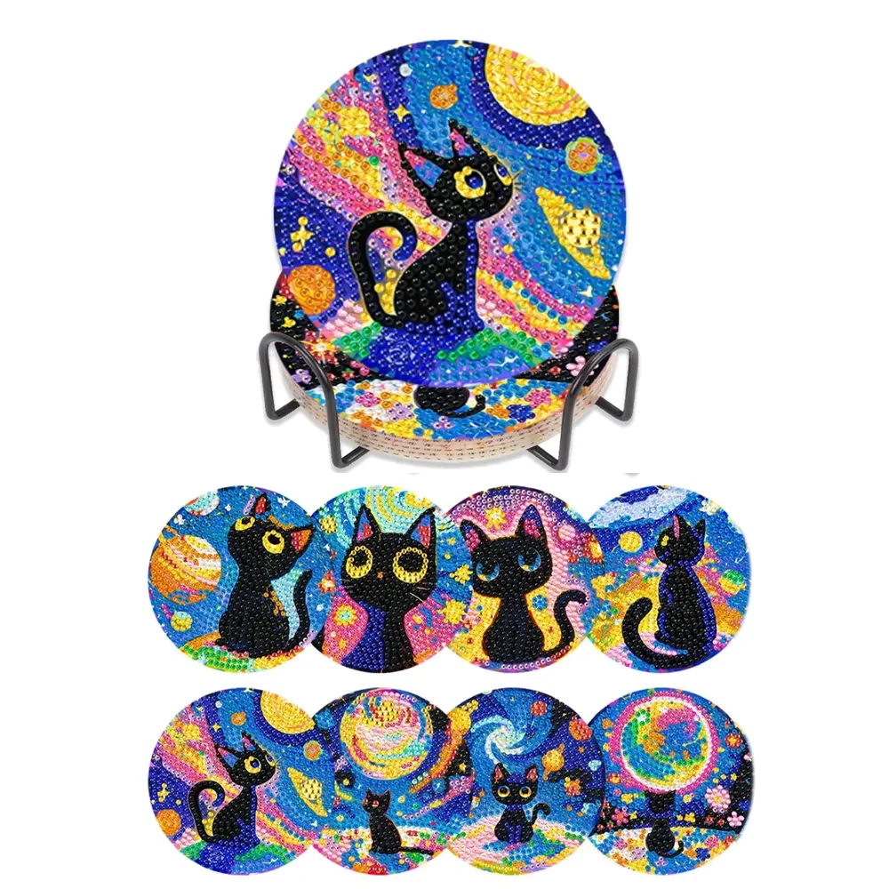 DIY 8 pcs / Set Of Coffee Patterned Diamond Painted Coaster Set, Sparkling Rhinestone Heat-Resistant Beverage Mat With Holder DIY