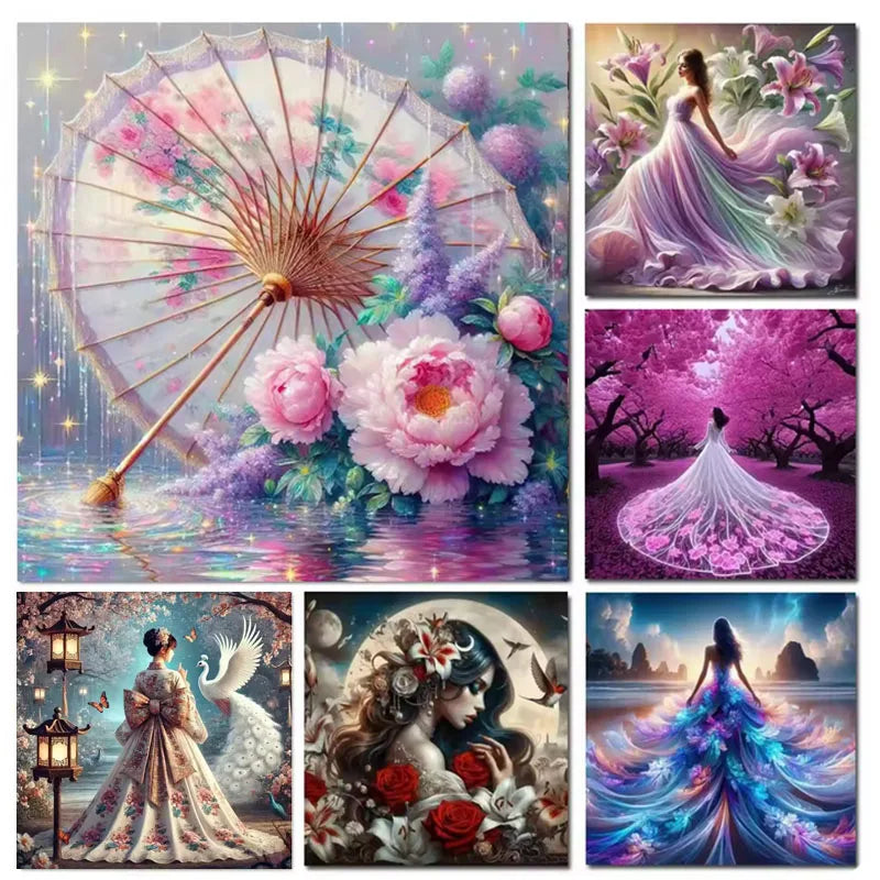 Diy Diamond Painting Sakura Beauty Woman Wearing Long Skirt Lily Flowers 5D Full Square / Round Drill