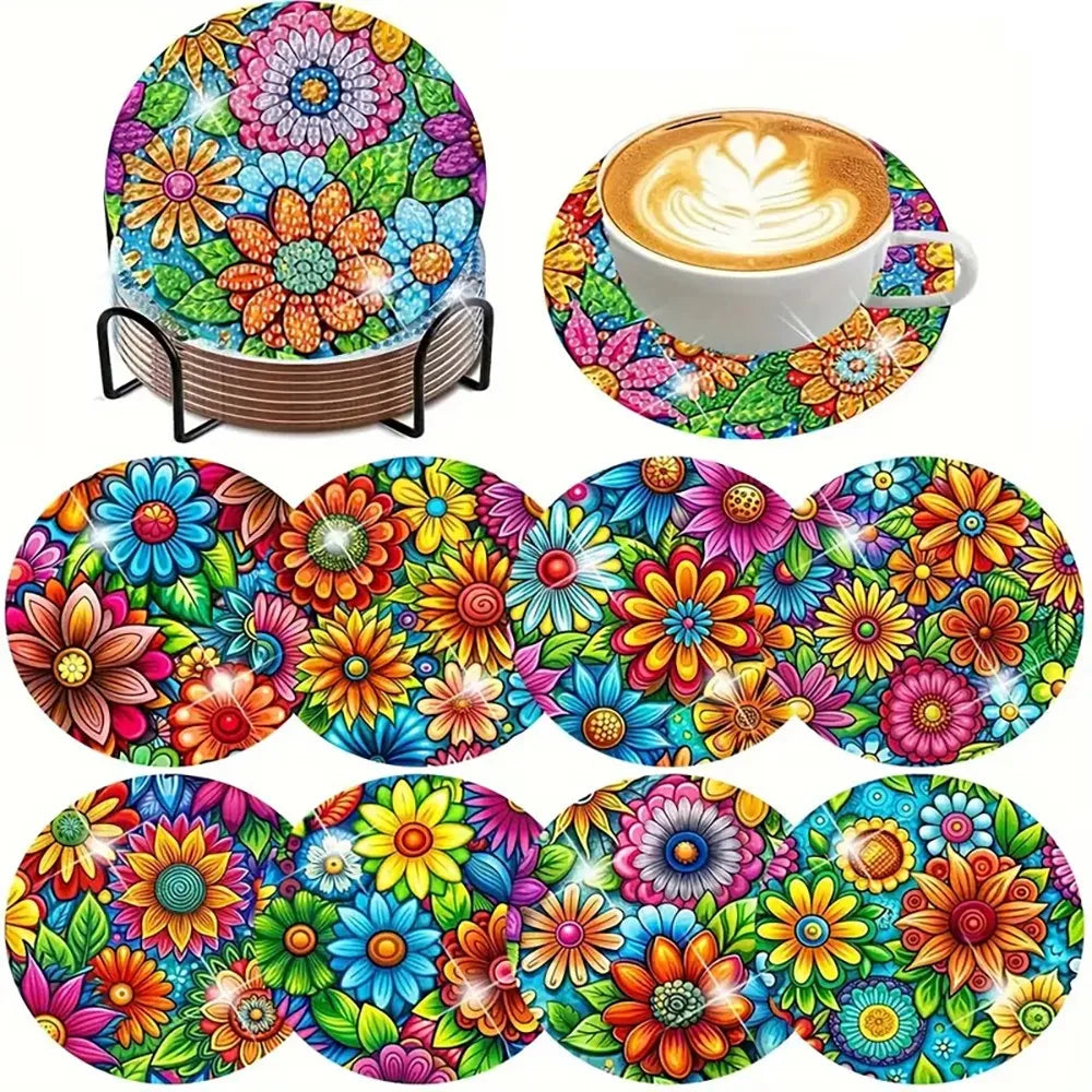 DIY 8 pcs / Set Of Coffee Patterned Diamond Painted Coaster Set, Sparkling Rhinestone Heat-Resistant Beverage Mat With Holder DIY