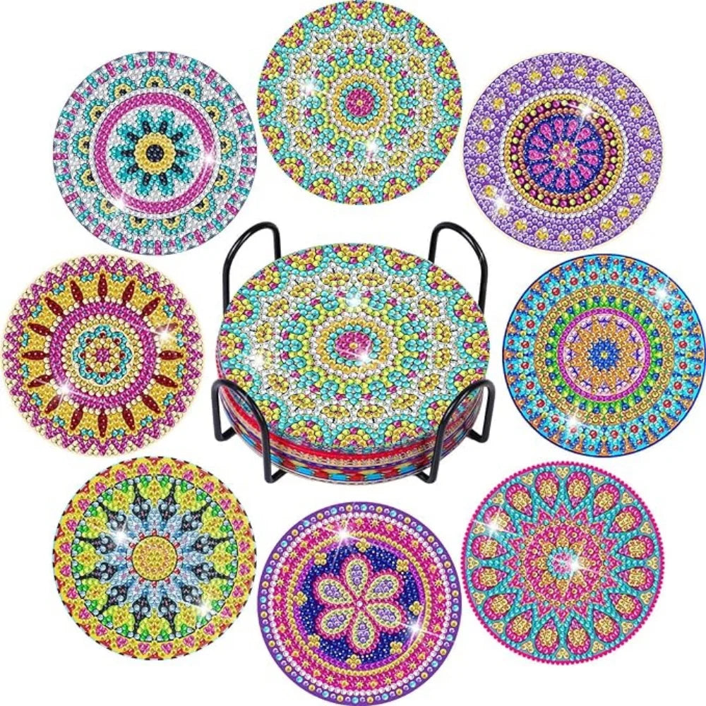 8-Piece Round Diamond Painting Coaster Set - DIY Van Gogh Star Moonlit Creative Coaster With Bracket, Sparkling Diamond Art