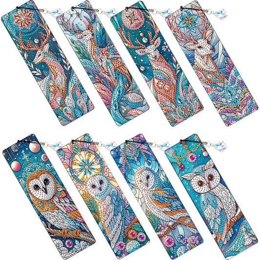 8Pcs DIY Owl Diamond Painting Art Bookmarks With Crystal Pendants