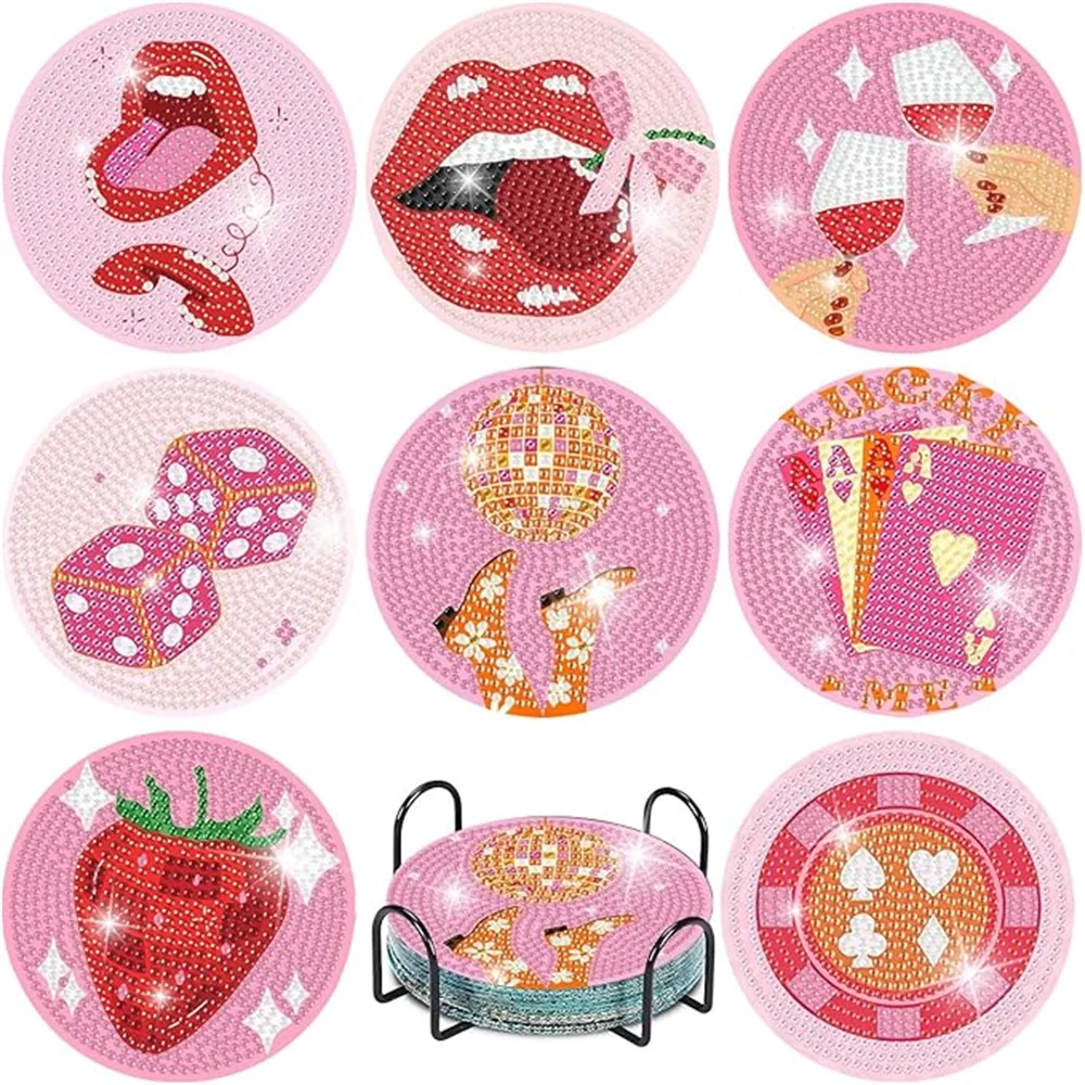8-Piece / Set Diamond Art Painting Cup Mat With Stand, DIY Coffee Cat Pattern Diamond Art Cup Coasters