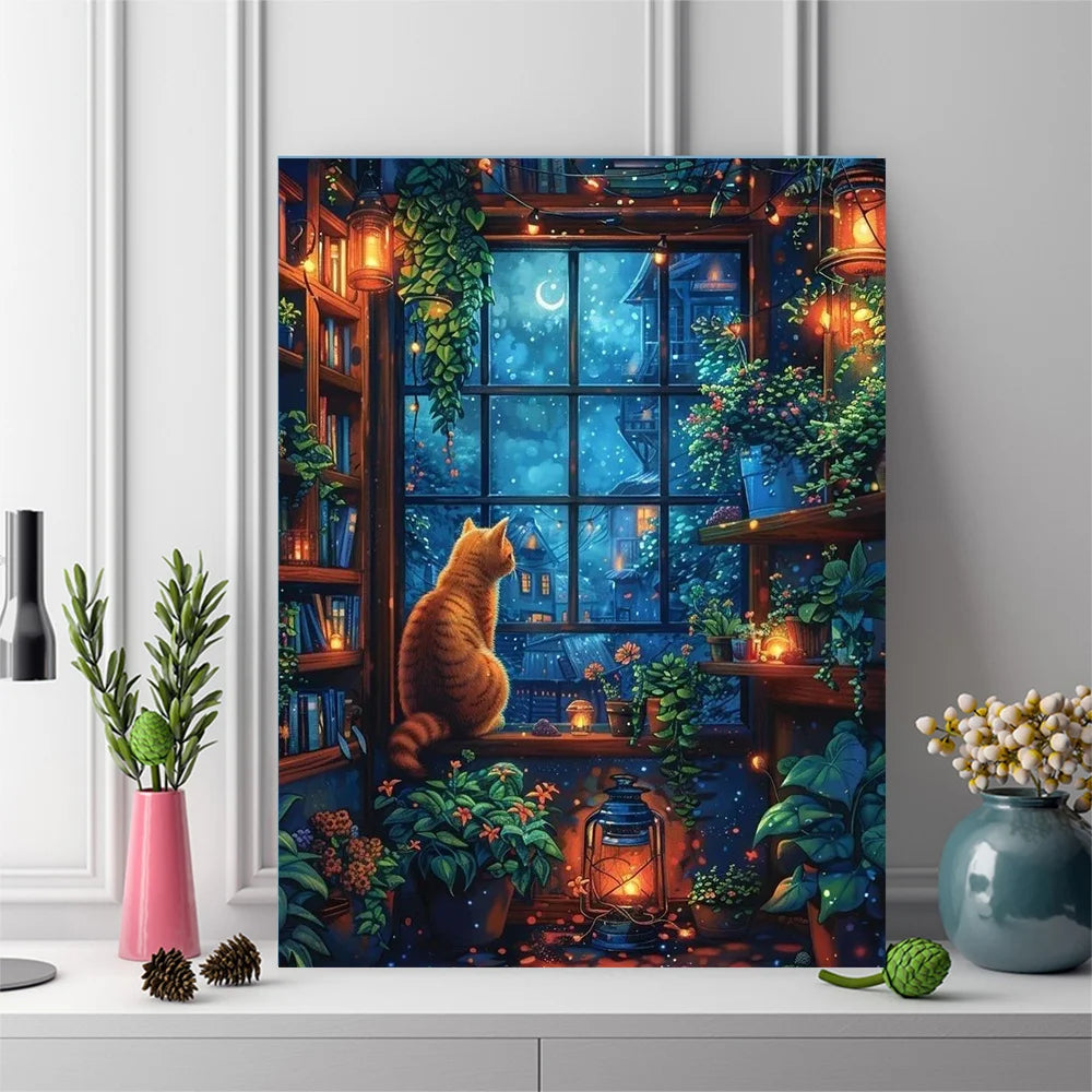 Huacan DIY Diamond Painting Cat In The Window Full Square / Round Drill