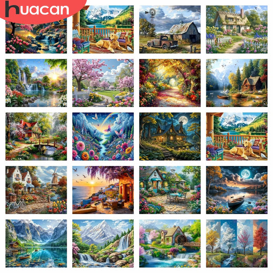 HUACAN Diamond Painting Nature Landscape Mountain House Scenery Tree Lake Full Square / Round Drills