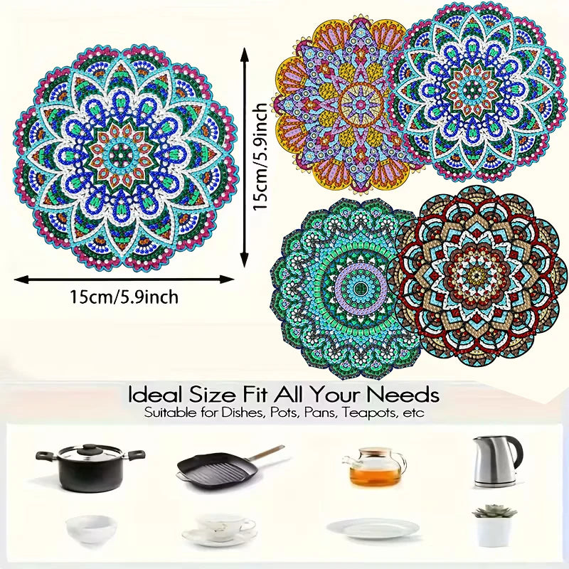 4-Piece Colorful Pattern Wooden Diamond Painted Placemat Set, DIY Crystal Diamond Art Insulated Table Mat