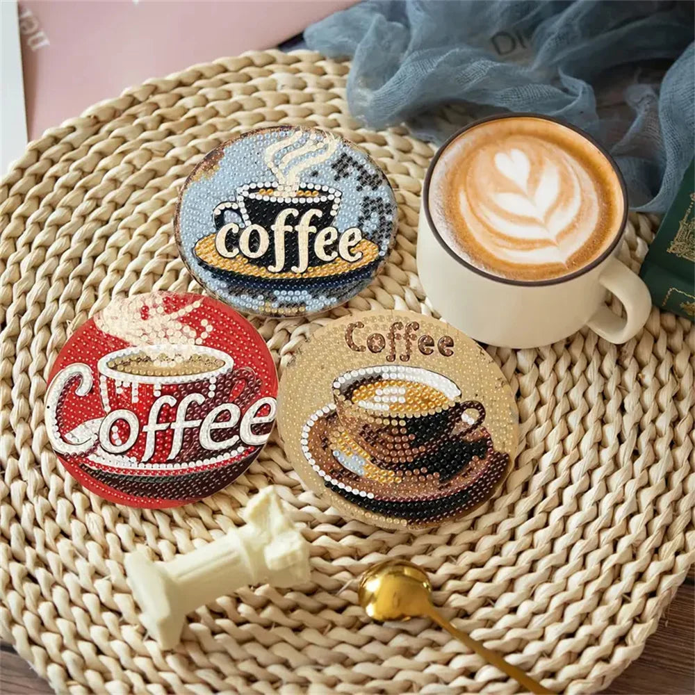 DIY 8 pcs / Set Of Coffee Patterned Diamond Painted Coaster Set, Sparkling Rhinestone Heat-Resistant Beverage Mat With Holder DIY