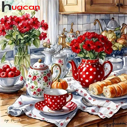 Huacan Kitchen Landscape Teapot With Flowers, DIY Diamond Painting 5D Full Square / Round Drill