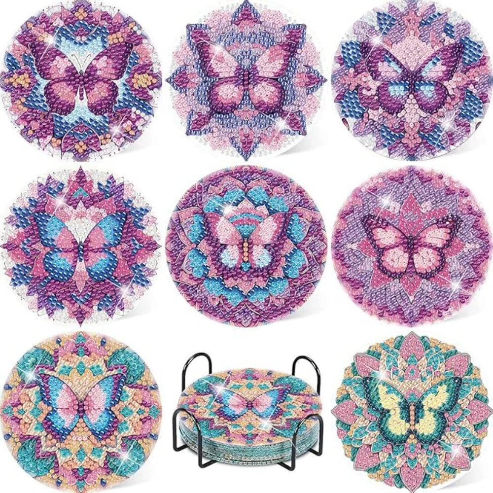 8-Piece Round Diamond Painting Coaster Set - DIY Van Gogh Star Moonlit Creative Coaster With Bracket, Sparkling Diamond Art
