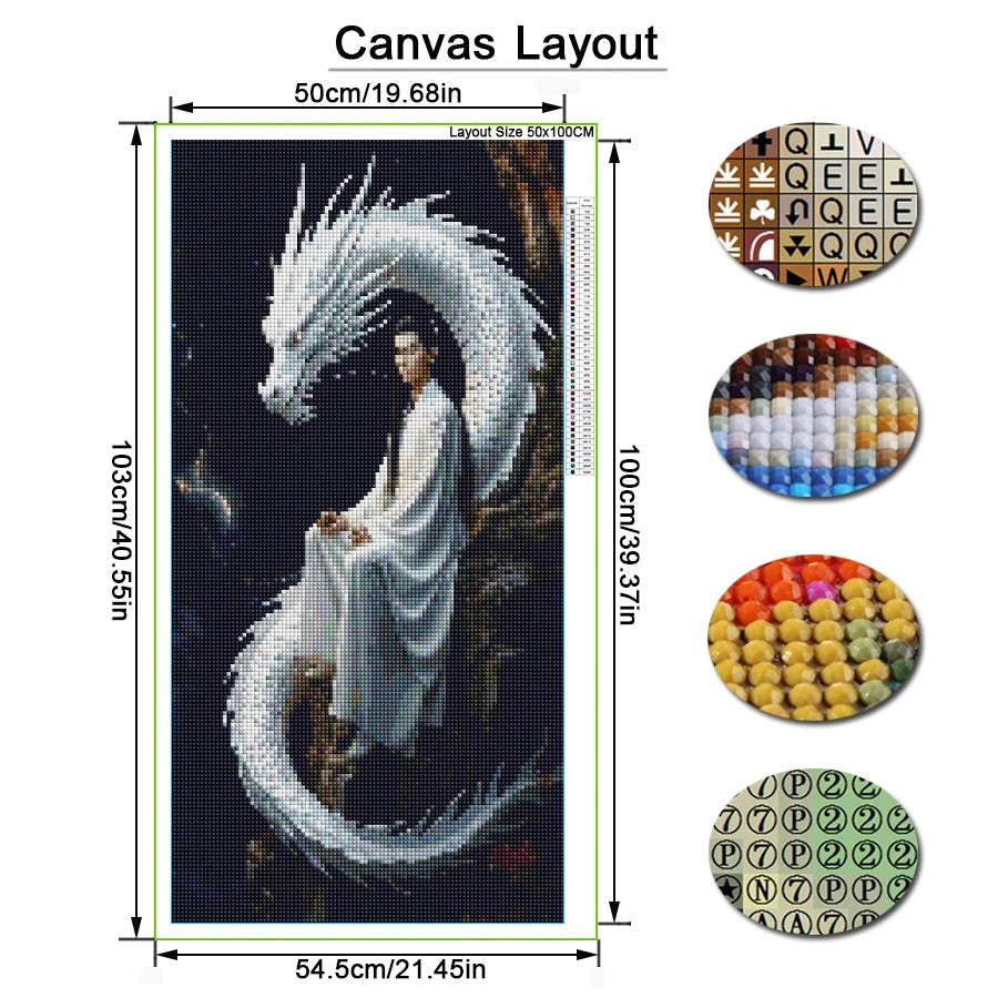 White Dragon and Man Large Size Diy Diamond Art Painting New Collection Handsome Guy Full Mosaic Embroidery Picture Wall Decor