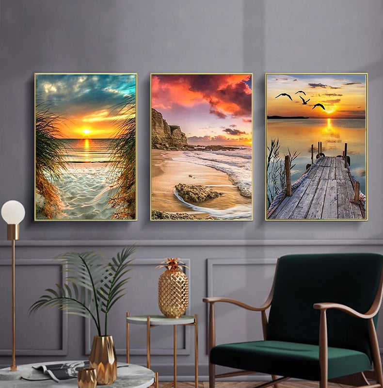5D DIY Diamond Painting Waterfall Beach Full Circle Diamond Mosaic Sunset Scenery Diamond Embroidery Home Decor Gift