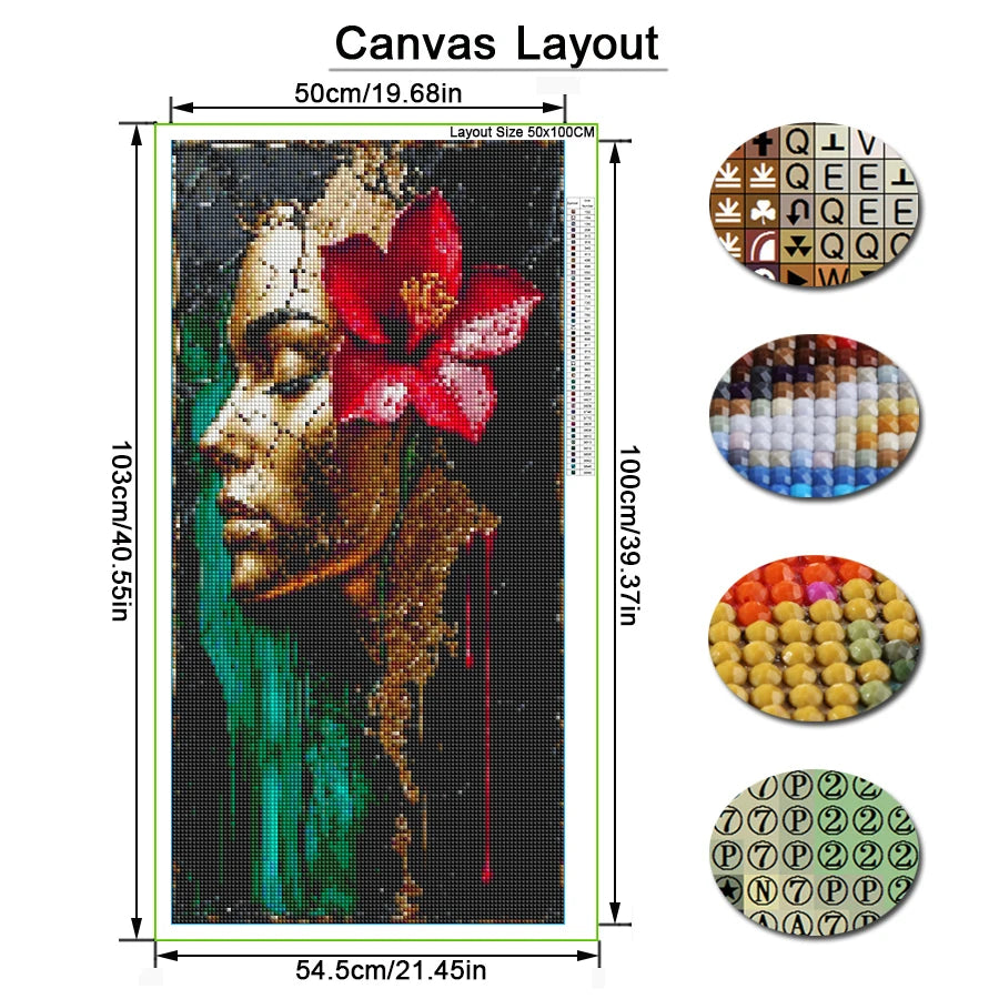 Fullcang Abstract Fantasy Woman W/ Flower Large Size, DIY Diamond Painting Full Square / Round Drill