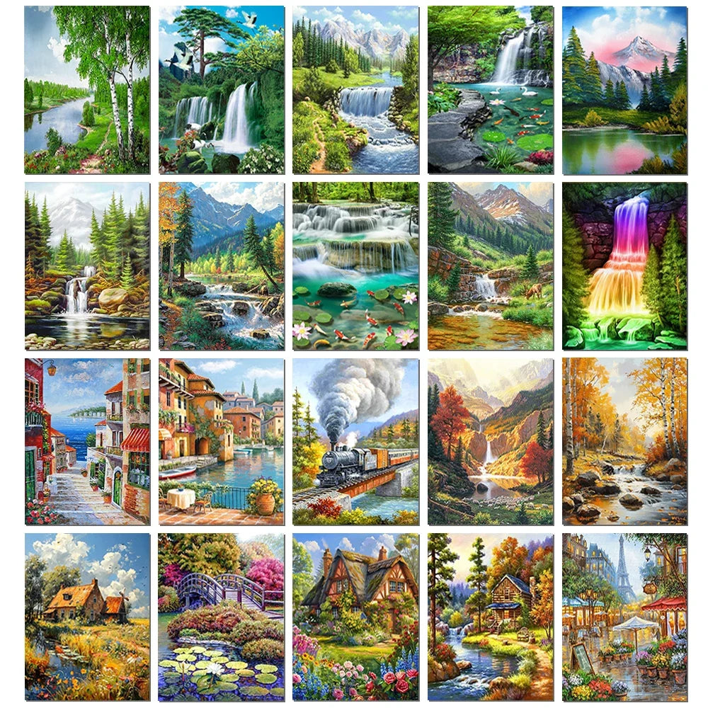 DIY 5D Diamond Painting Landscape Forest, Waterfalls, Scenic, Round Drill