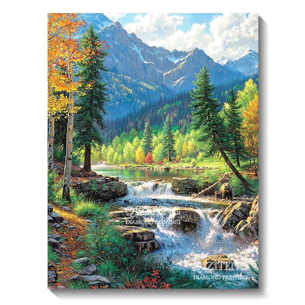 DIY 5D Diamond Painting Landscape Forest, Waterfalls, Scenic, Round Drill
