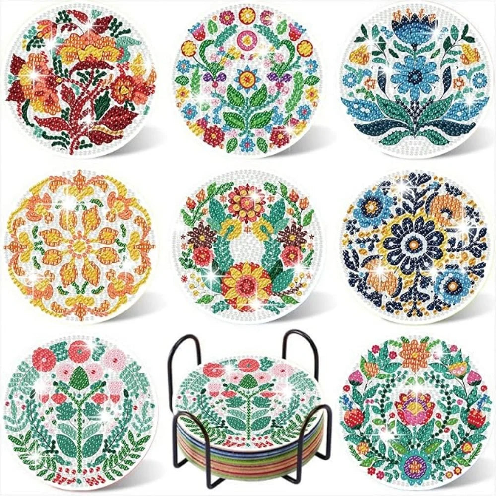 8-Piece / Set Diamond Art Painting Cup Mat With Stand, DIY Coffee Cat Pattern Diamond Art Cup Coasters
