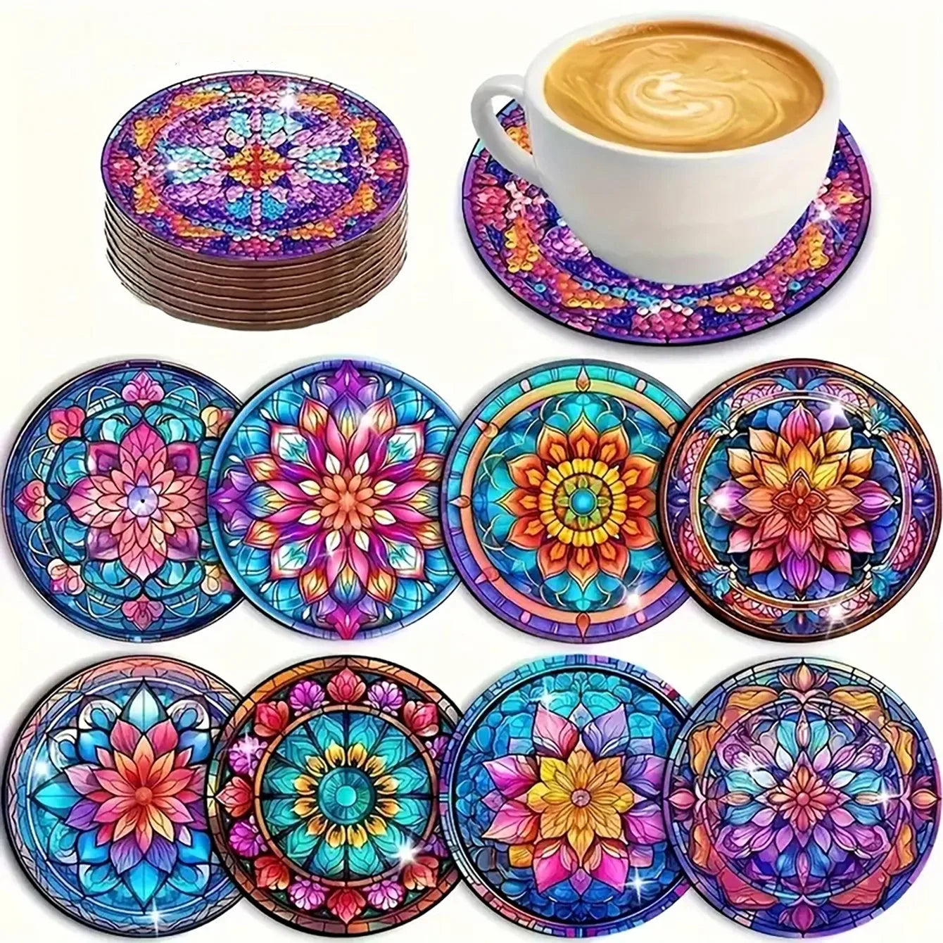 8-Piece Round Diamond Painting Coaster Set - DIY Van Gogh Star Moonlit Creative Coaster With Bracket, Sparkling Diamond Art