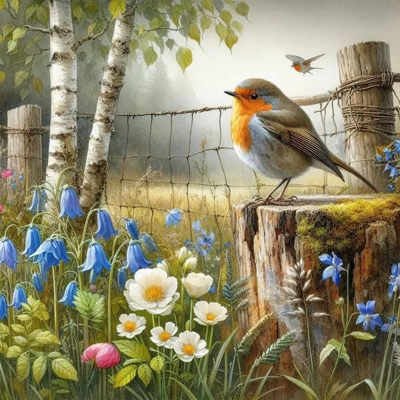 Farm Scenery and Beautiful Birds, 5D Diamond Painting Full Square / Round Drill