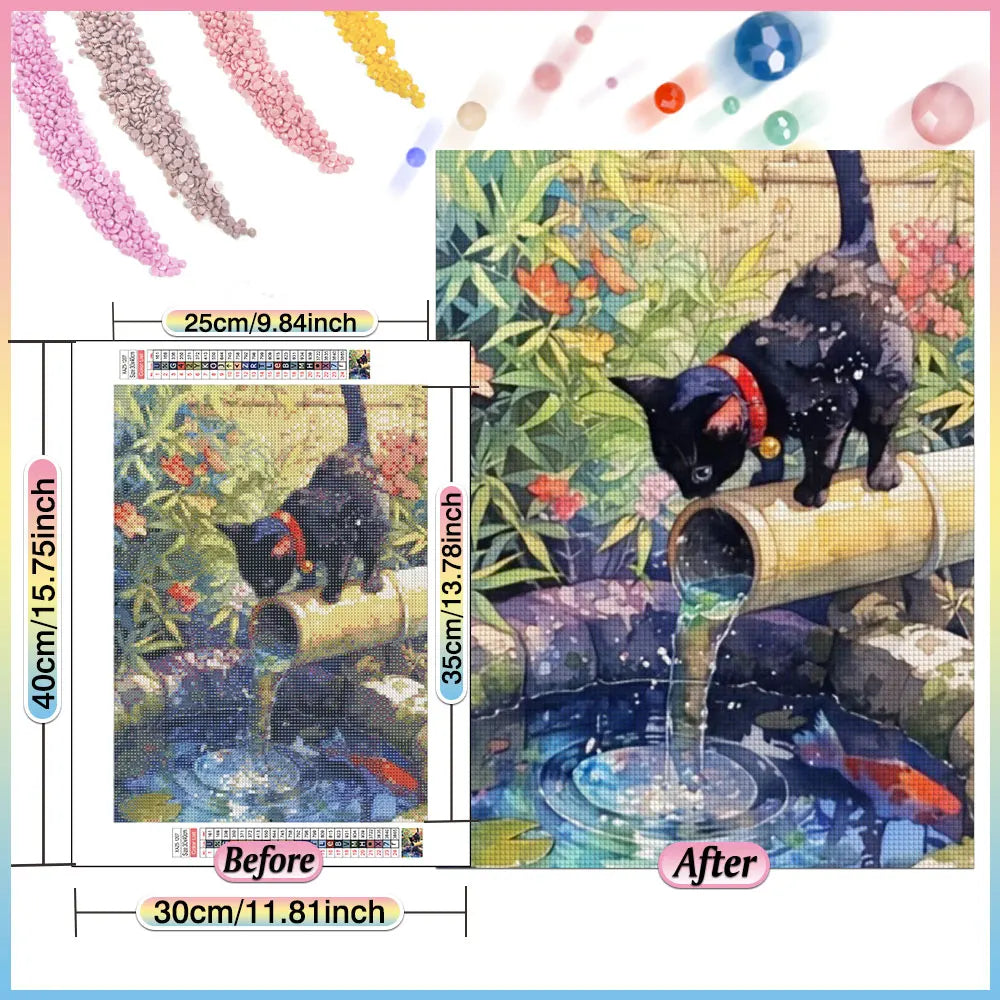 HUACAN 5D DIY Diamond Mosaic Bamboo Water Cat Full Square / Round Drill