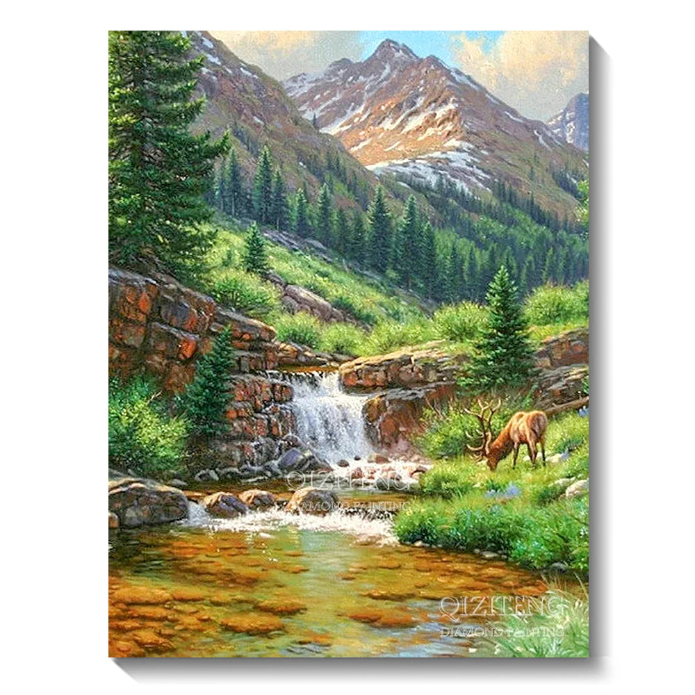 DIY 5D Diamond Painting Landscape Forest, Waterfalls, Scenic, Round Drill