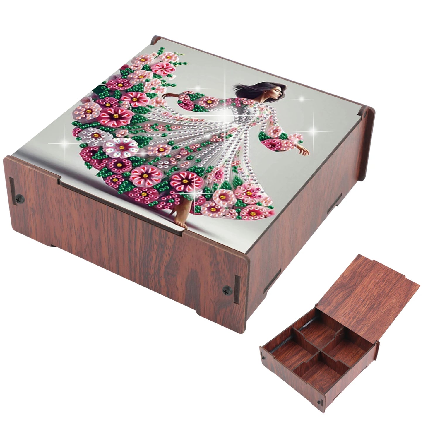5D DIY Animal Girl Theme 4 Slots Diamond Painting Kit, Wooden Storage Box Diamond Art Jewelry Case, Storage Organizer