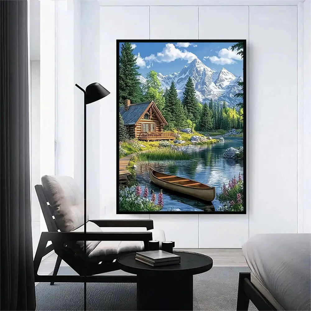 Momoart Diamond Painting Boat, Mountain House, Landscape DIY Full Square / Round Drill