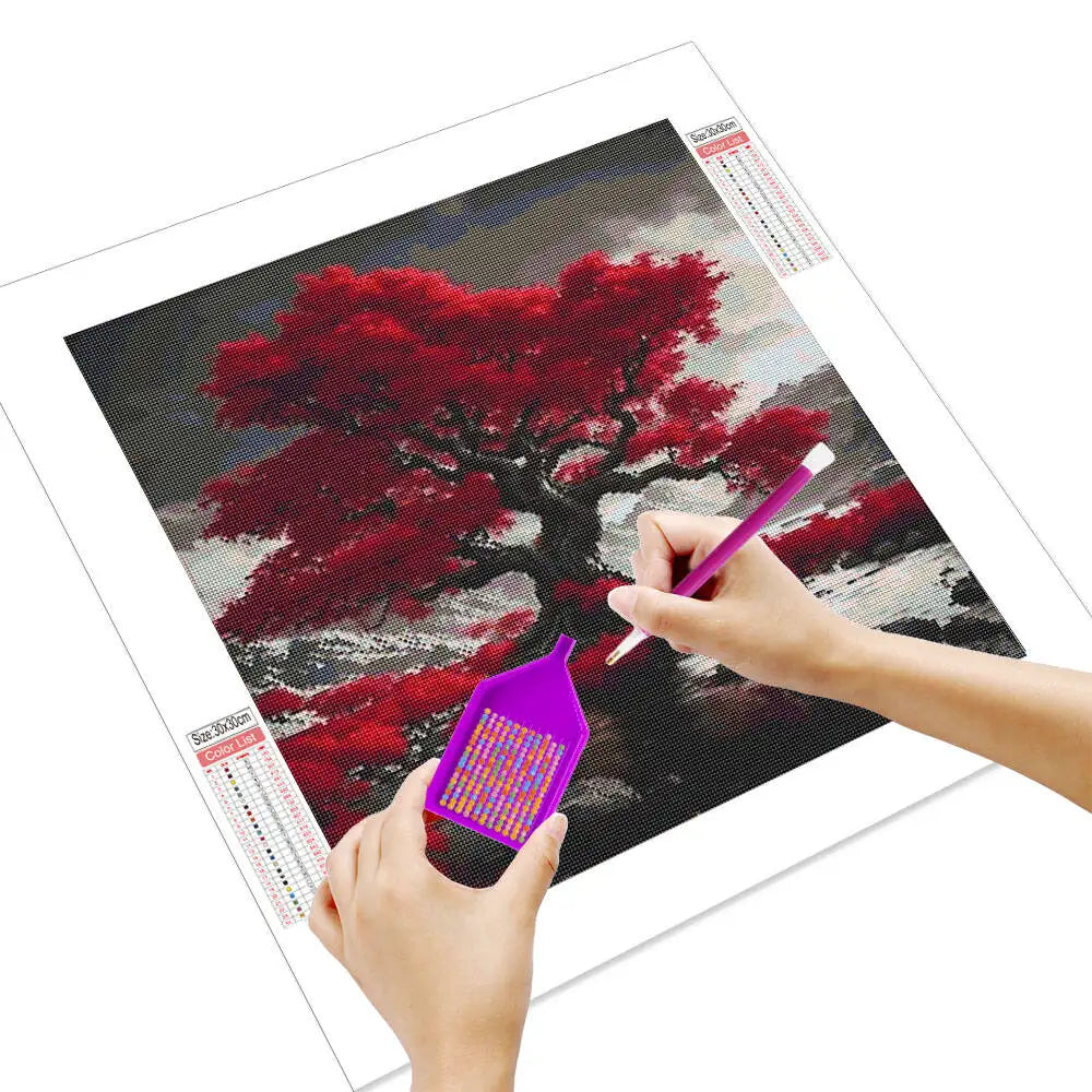 5D Diamond Painting Red Tree Landscape, DIY Full Round Drill