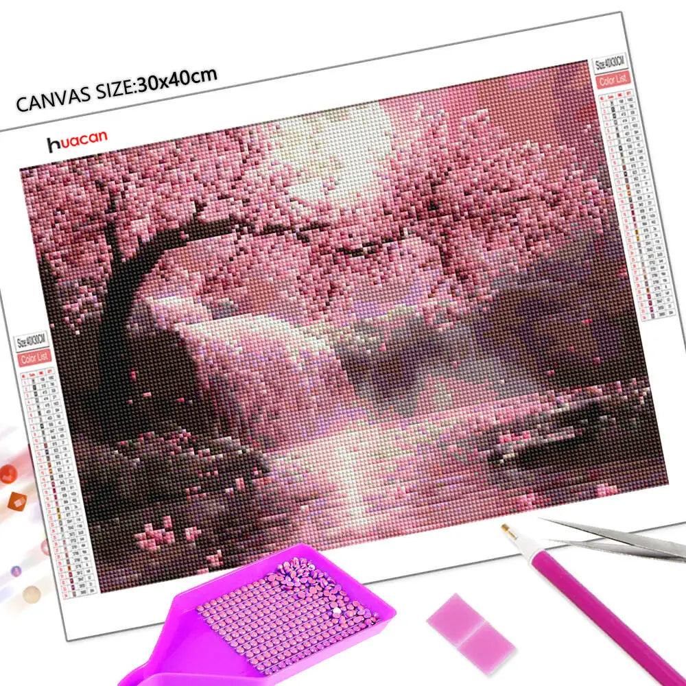 Huacan Cherry Blossom Diamond Painting Waterfall, DIY Landscape Full Square / Round Drill