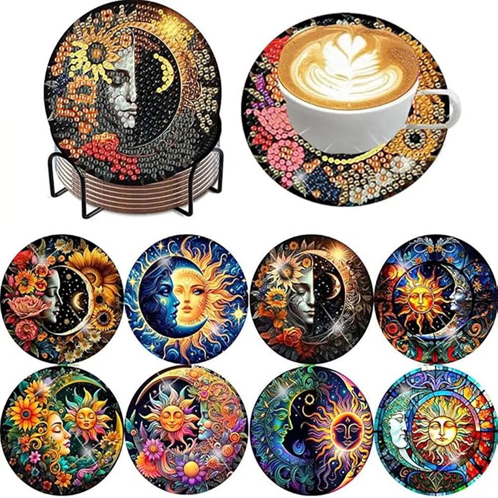 8-Piece Round Diamond Painting Coaster Set - DIY Van Gogh Star Moonlit Creative Coaster With Bracket, Sparkling Diamond Art