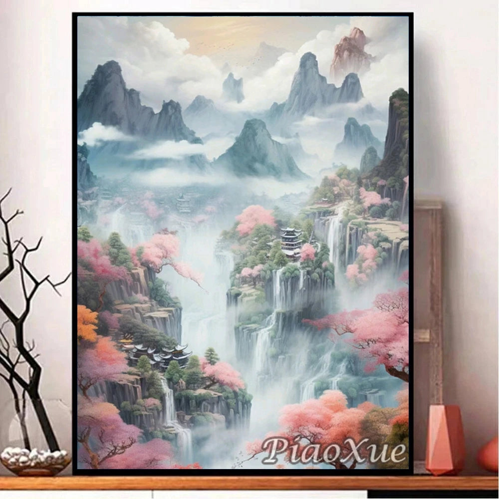 Chinese Style Landscape Picture Diamond Painting New Mountain Waterfall Scenery, Diamond Painting Mosaic DIY Cross Home Decor