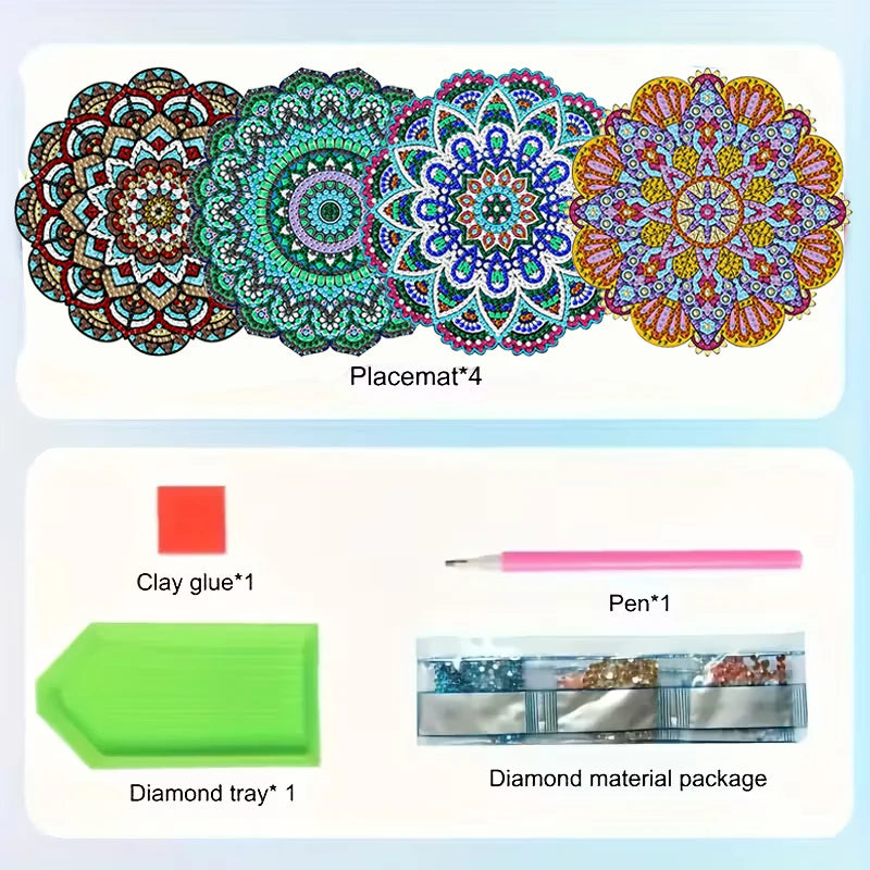 4-Piece Colorful Pattern Wooden Diamond Painted Placemat Set, DIY Crystal Diamond Art Insulated Table Mat