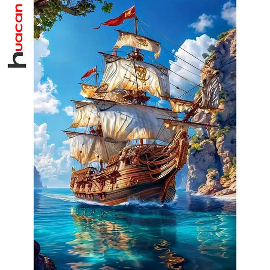 Huacan Full Square Round Diamond Painting Ship / Sea DIY Diamond Mosaic Landscape Art Wall Decor