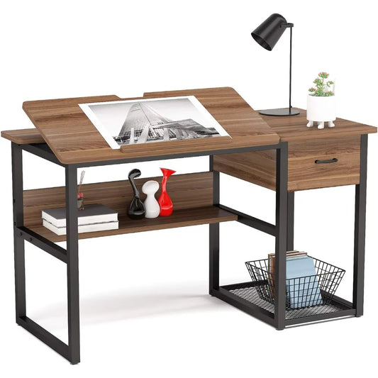 Drafting Table with Storage Drawers, Drawing Computer Desk Artist Craft Table Painting Desk Workstation with Shelves