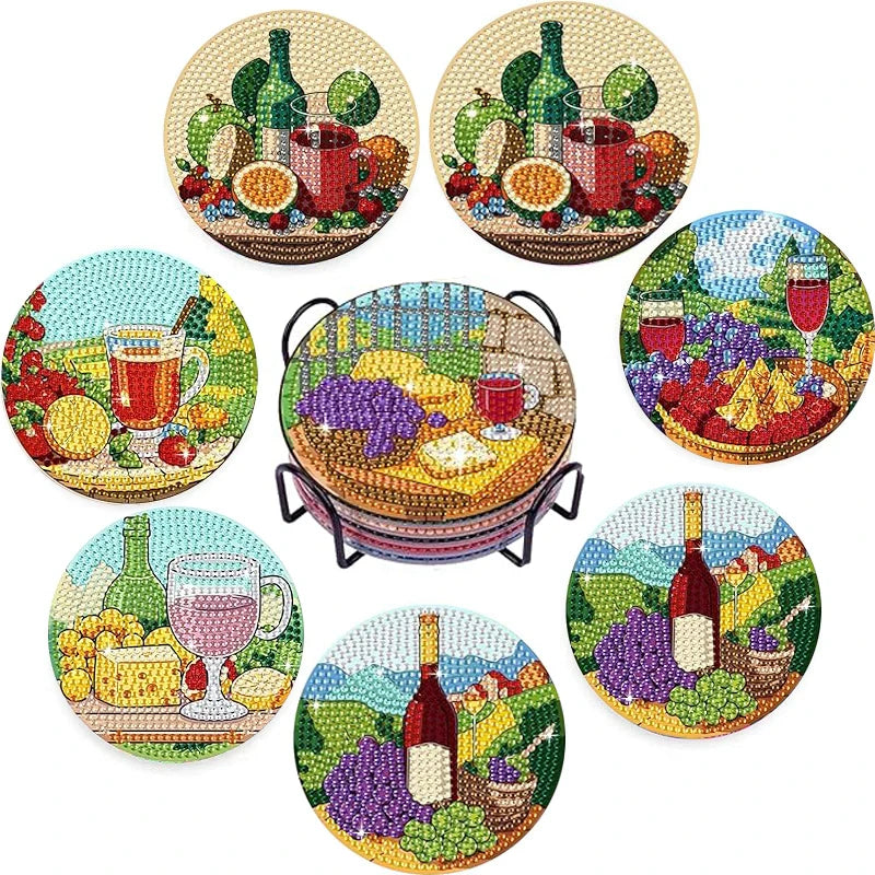 8-Piece / Set Diamond Art Painting Cup Mat With Stand, DIY Coffee Cat Pattern Diamond Art Cup Coasters