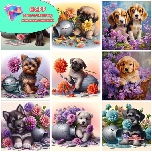 Diamond Painting Kit Square / Round Diamond 5D DIY Collage Of Cute Puppies With Flowers & Decorative Elements