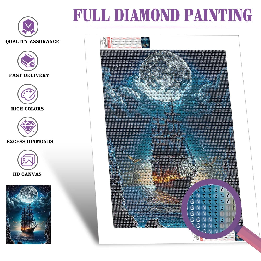 Huacan Full Diamond Ship Moon Sea Landscape DIY Full Square / Round Drill