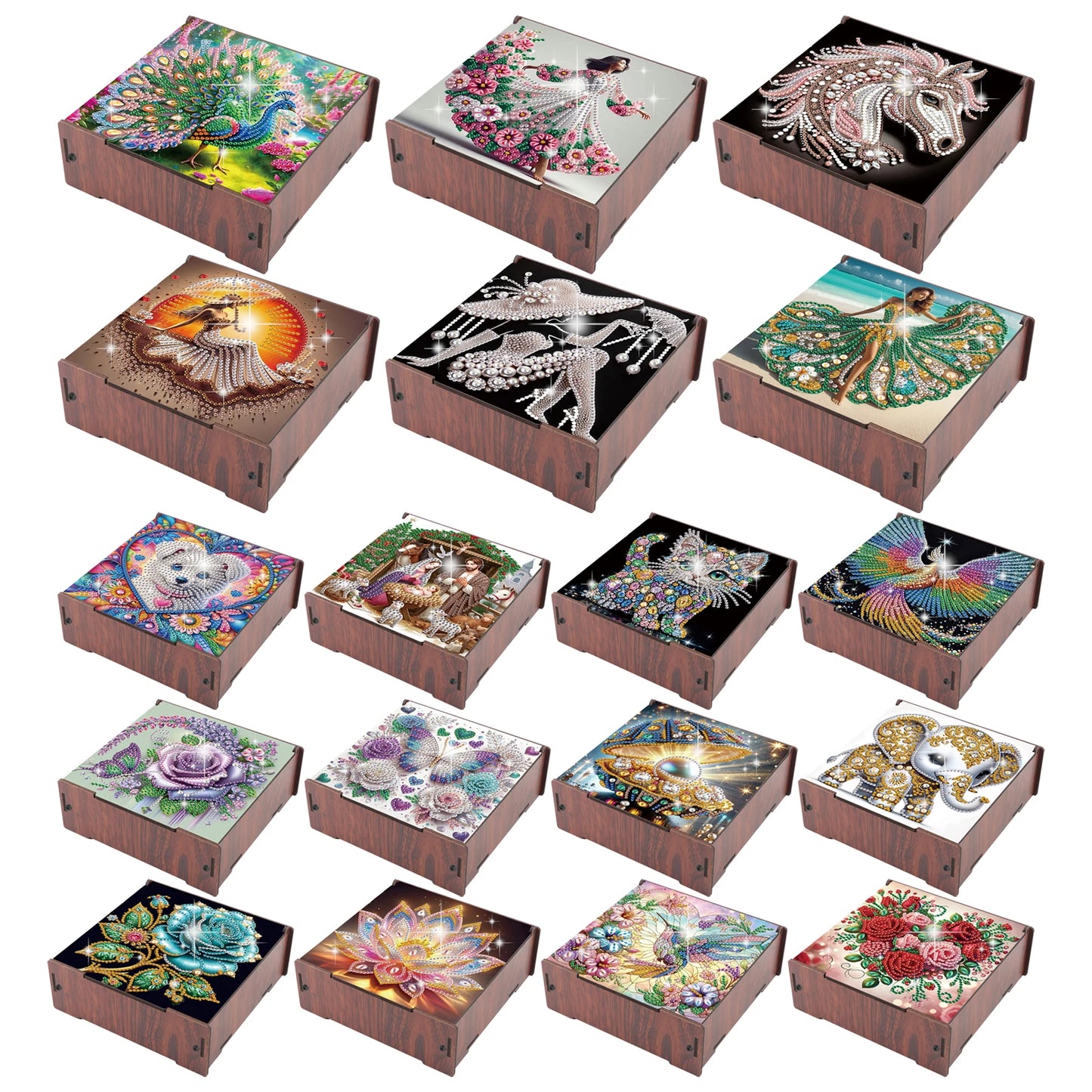 5D DIY Animal Girl Theme 4 Slots Diamond Painting Kit, Wooden Storage Box Diamond Art Jewelry Case, Storage Organizer